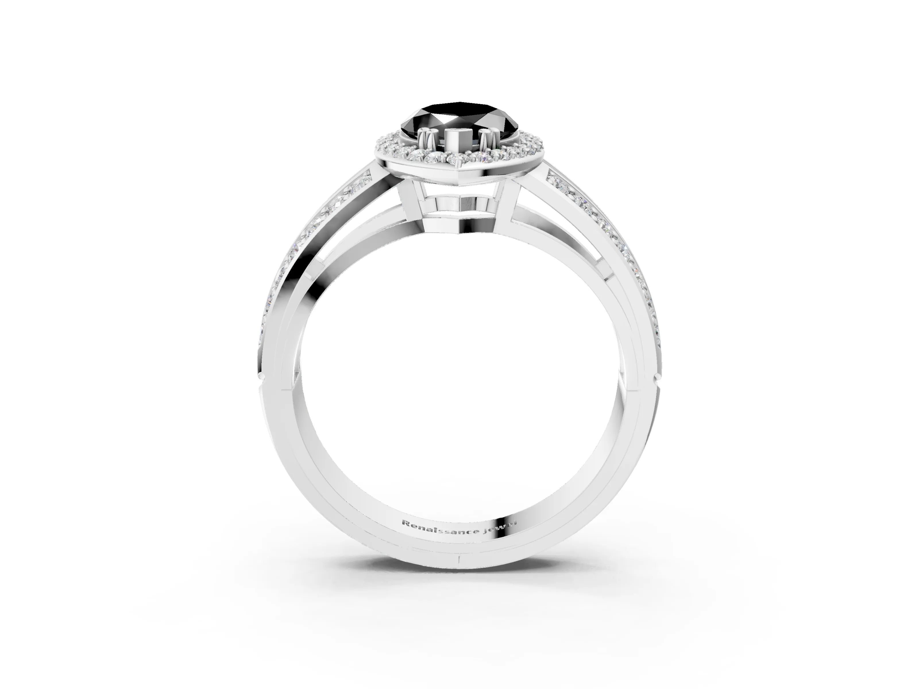 White gold Fancy Black Marquise Cut Diamond Halo Ring with Split Shank Pavé Band and Four-Prong Setting_15