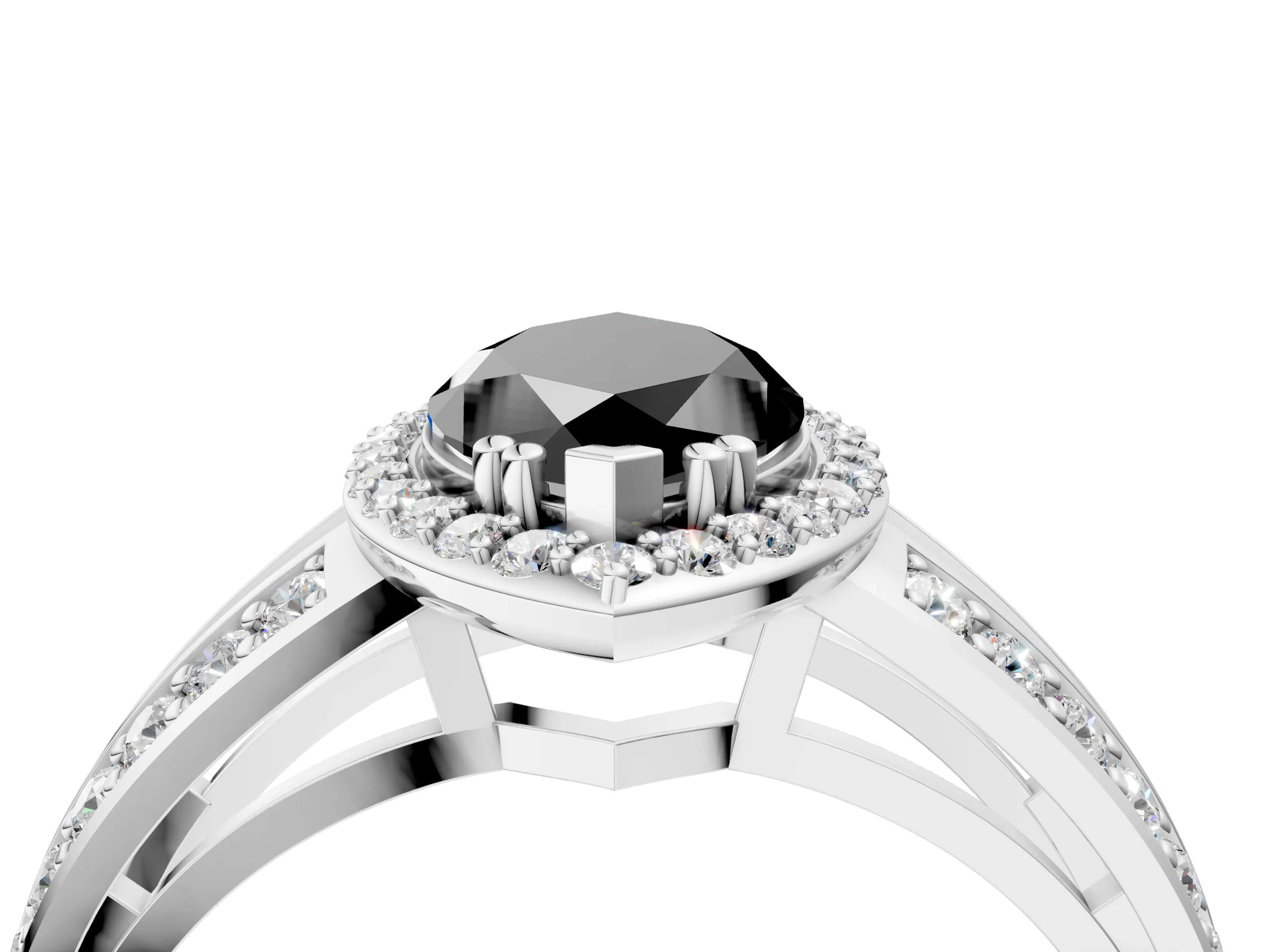 White gold Fancy Black Marquise Cut Diamond Halo Ring with Split Shank Pavé Band and Four-Prong Setting_16