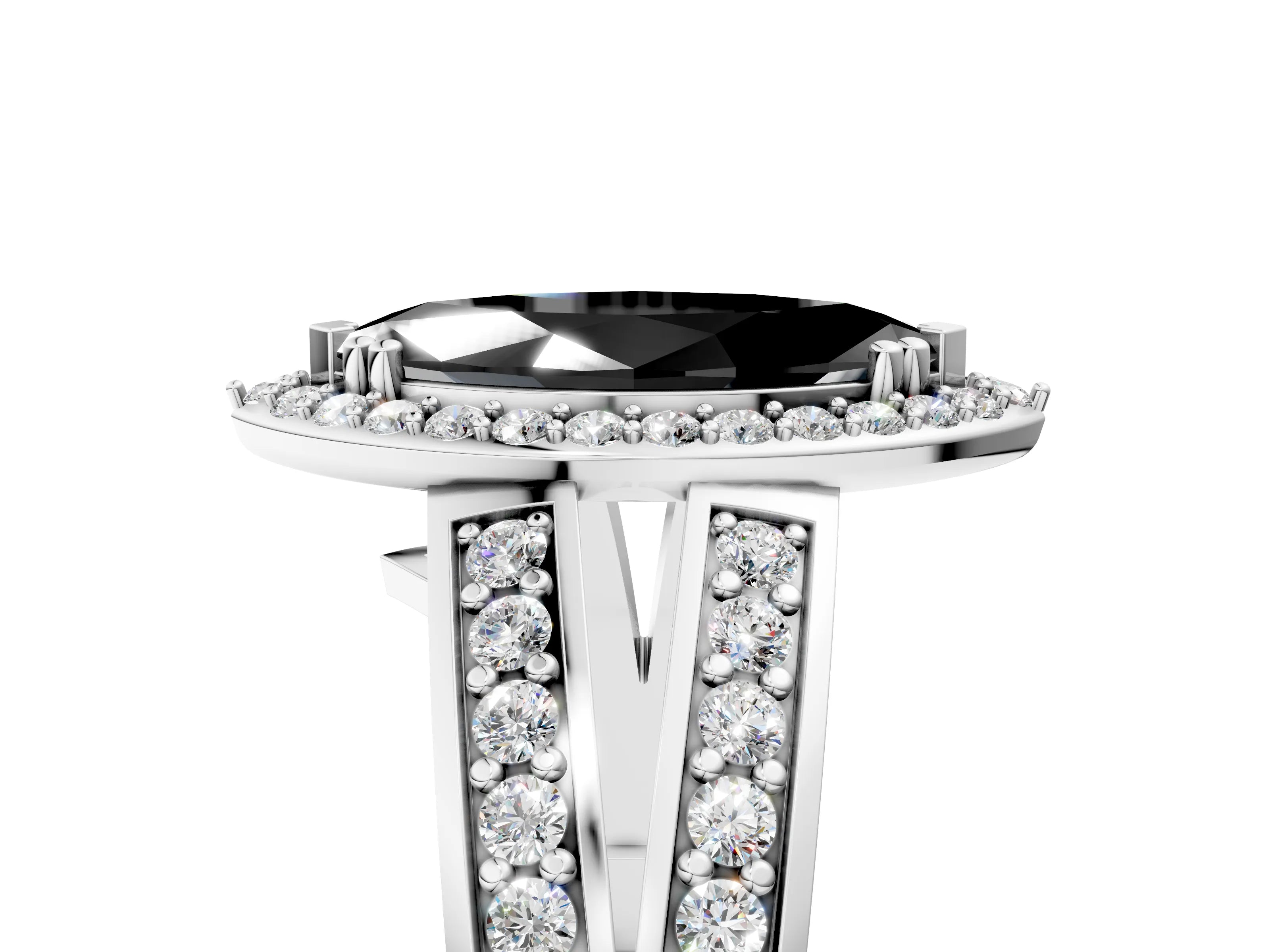 White gold Fancy Black Marquise Cut Diamond Halo Ring with Split Shank Pavé Band and Four-Prong Setting_17