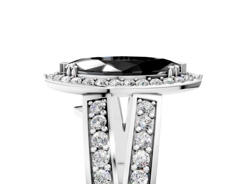 White gold Fancy Black Marquise Cut Diamond Halo Ring with Split Shank Pavé Band and Four-Prong Setting_17