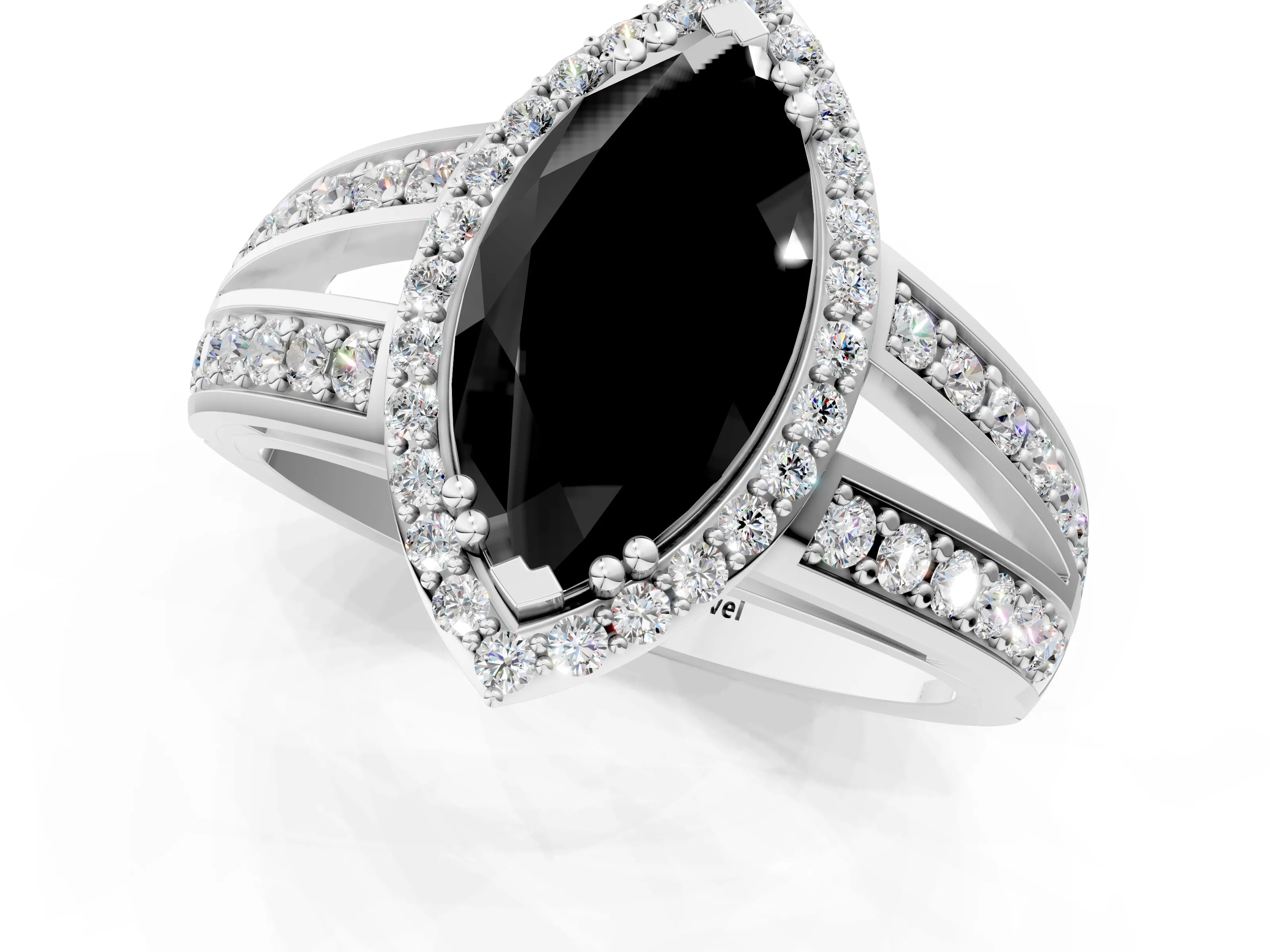 White gold Fancy Black Marquise Cut Diamond Halo Ring with Split Shank Pavé Band and Four-Prong Setting_1