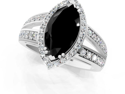 White gold Fancy Black Marquise Cut Diamond Halo Ring with Split Shank Pavé Band and Four-Prong Setting_1