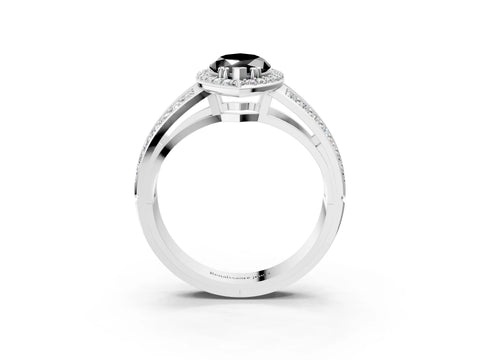 White gold Fancy Black Marquise Cut Diamond Halo Ring with Split Shank Pavé Band and Four-Prong Setting_3