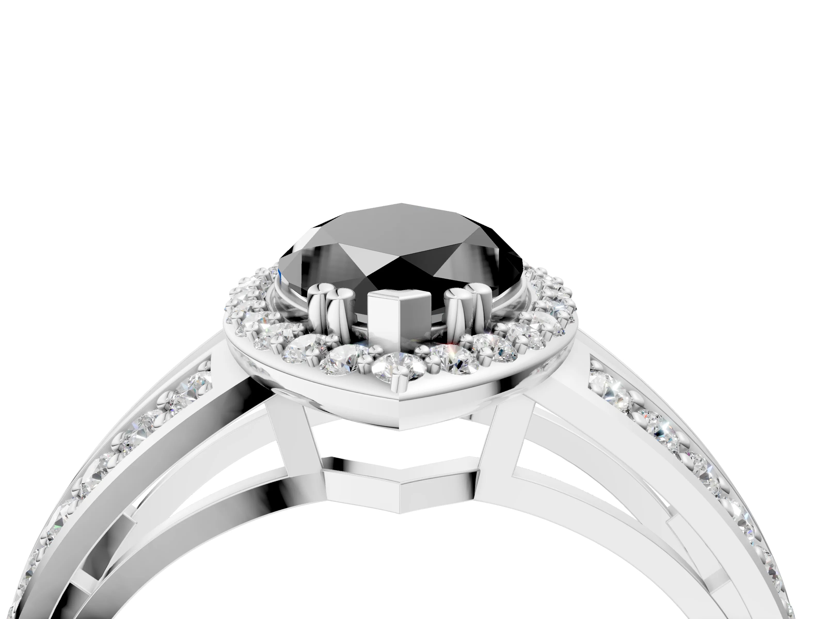 White gold Fancy Black Marquise Cut Diamond Halo Ring with Split Shank Pavé Band and Four-Prong Setting_4