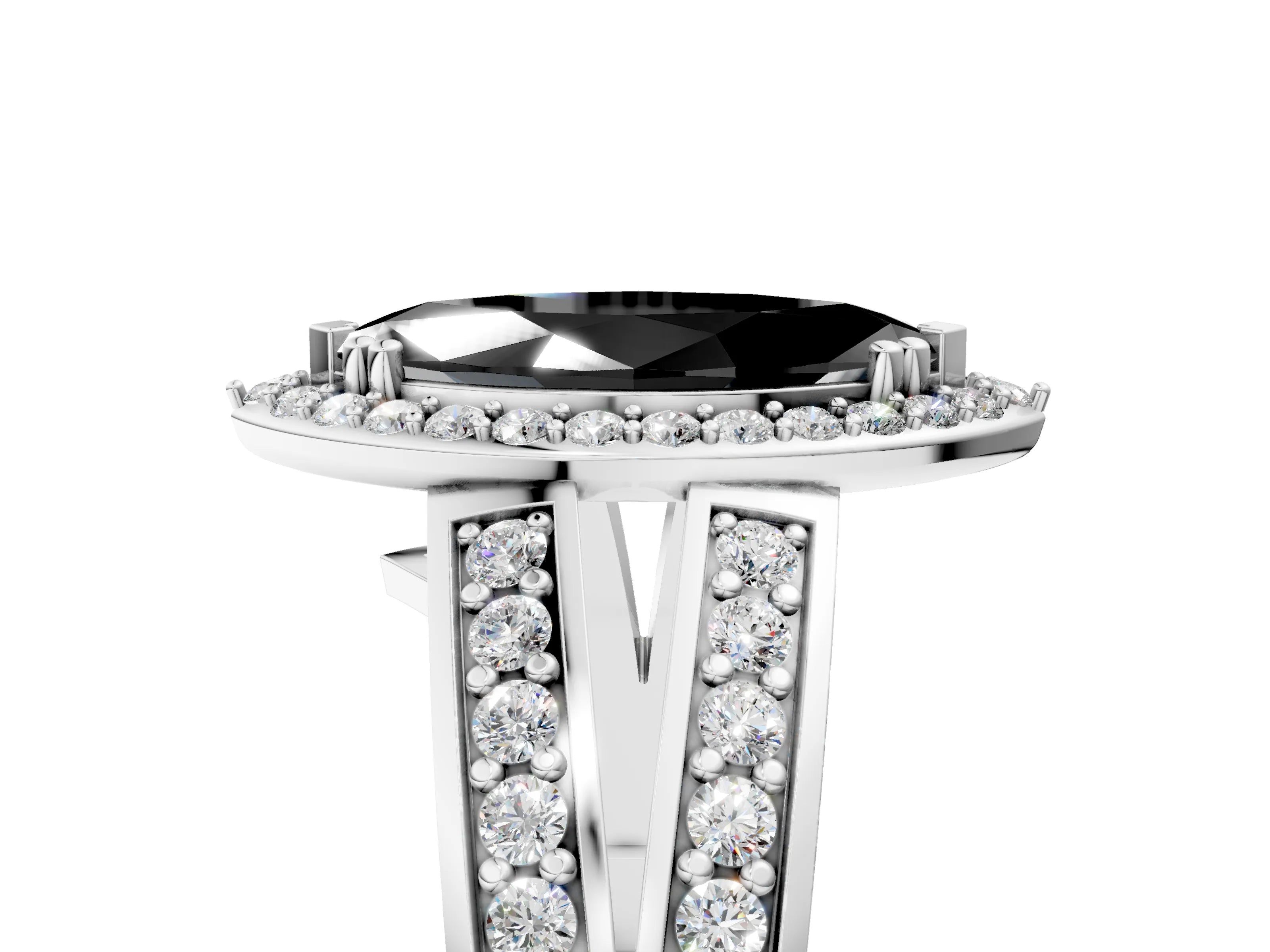 White gold Fancy Black Marquise Cut Diamond Halo Ring with Split Shank Pavé Band and Four-Prong Setting_5