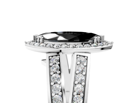 White gold Fancy Black Marquise Cut Diamond Halo Ring with Split Shank Pavé Band and Four-Prong Setting_5