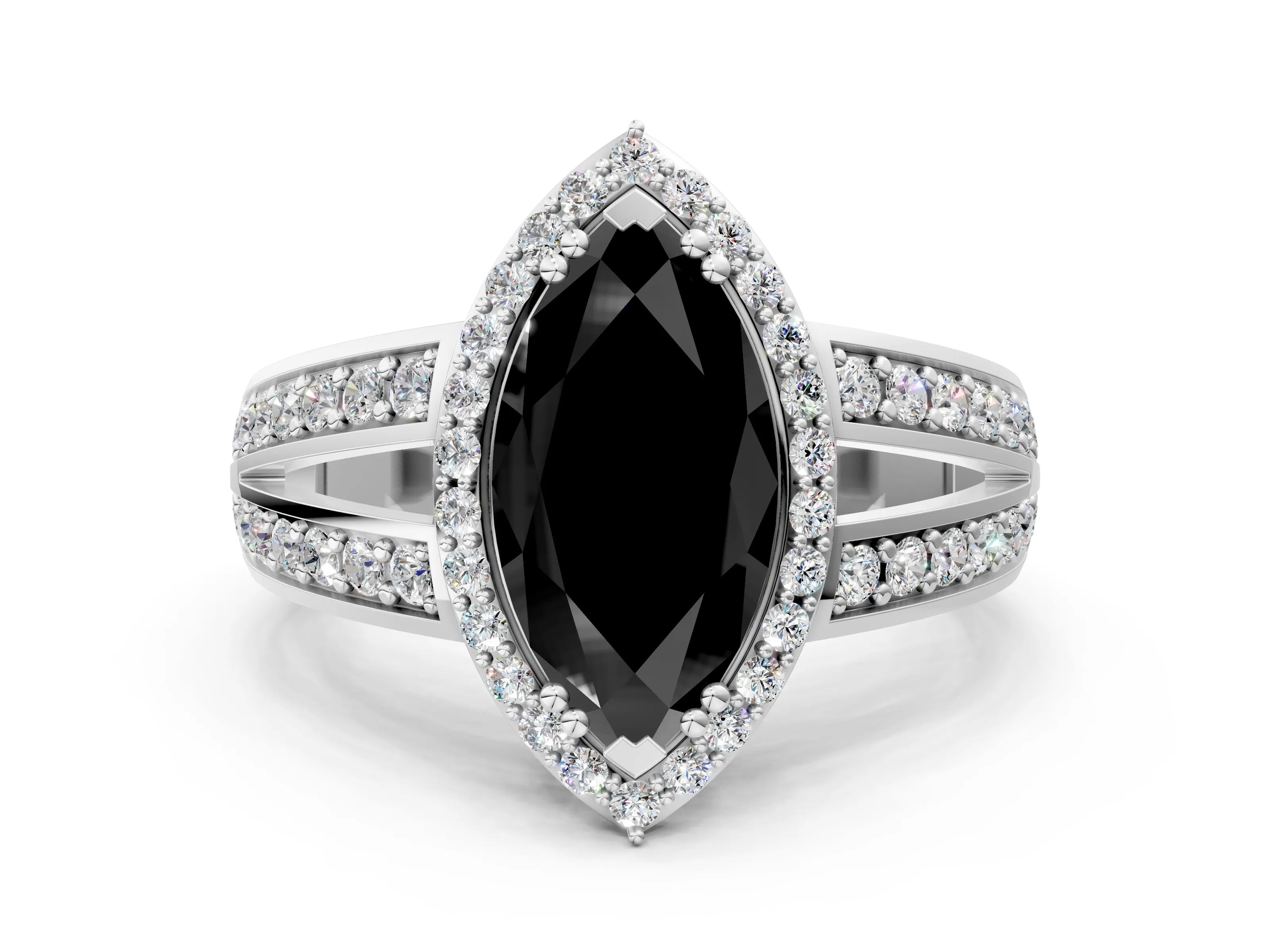 White gold Fancy Black Marquise Cut Diamond Halo Ring with Split Shank Pavé Band and Four-Prong Setting