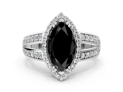 White gold Fancy Black Marquise Cut Diamond Halo Ring with Split Shank Pavé Band and Four-Prong Setting