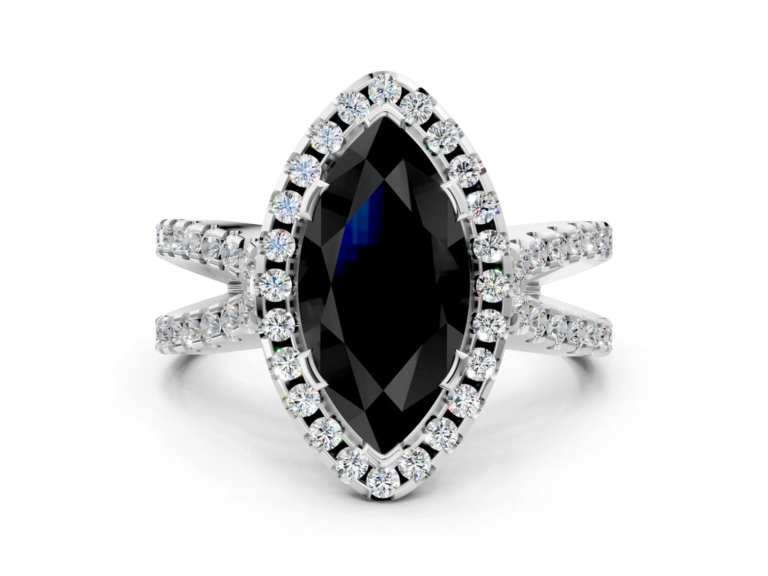 White gold Fancy Black Marquise Cut Diamond Halo Ring with Split Shank Pavé Band and Prong Setting_12