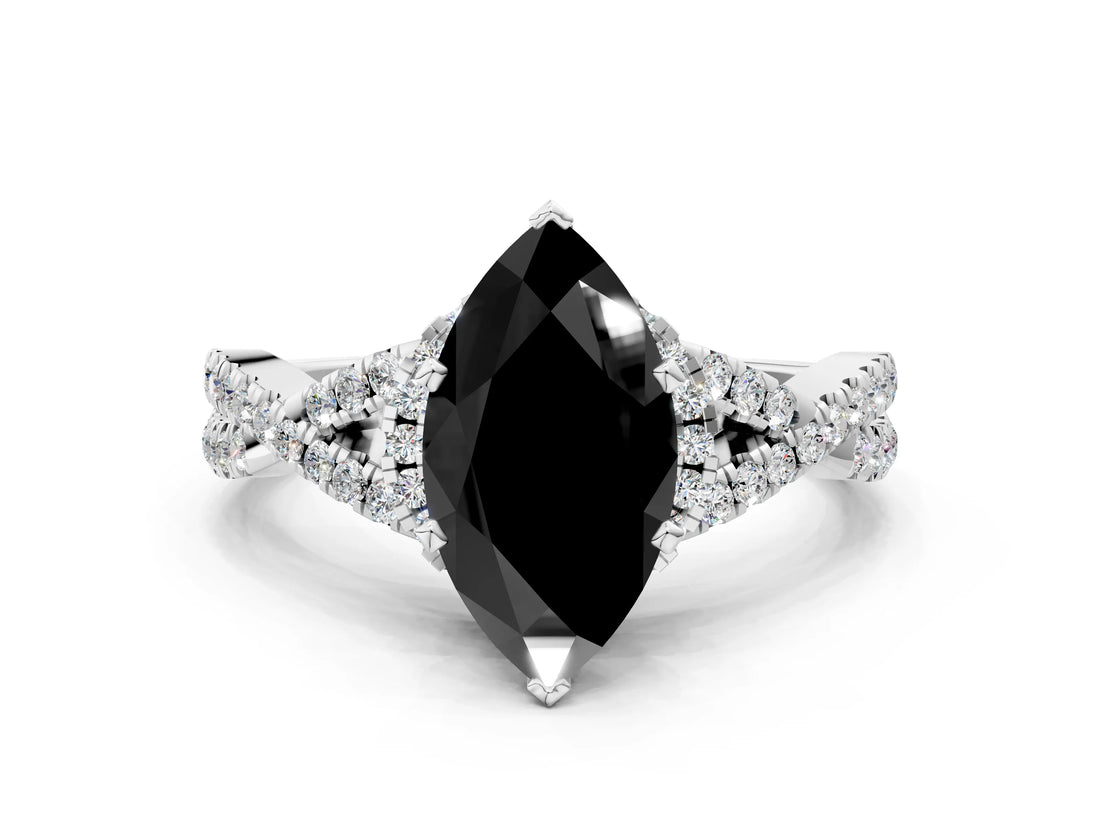 White gold Fancy Black Marquise Cut Diamond Halo Twist Band Solitaire Prong Setting Ring