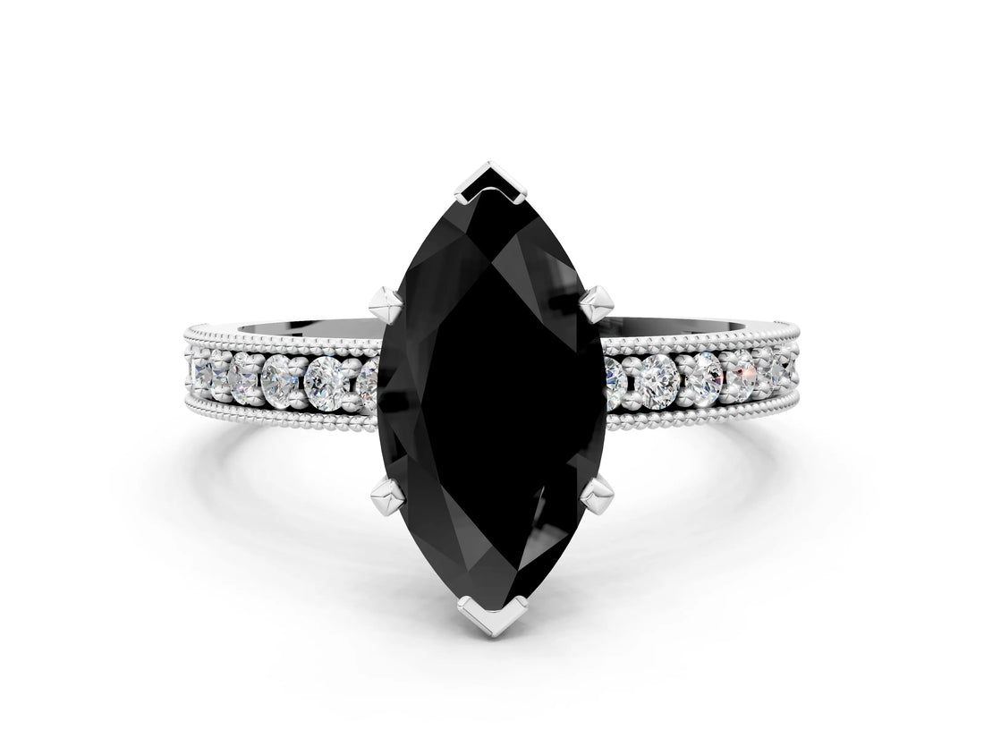 White gold Fancy Black Marquise Cut Diamond Milgrain Pavé Engagement Ring with Four-Prong Setting