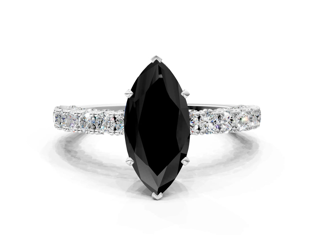 White gold Fancy Black Marquise Cut Diamond Pavé Band Solitaire Ring with Prong Setting_24