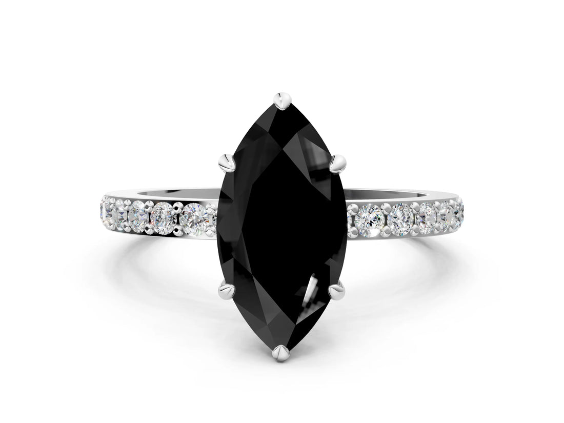 White gold Fancy Black Marquise Cut Diamond Pavé Engagement Ring with Round  Accents and Prong Setting_24