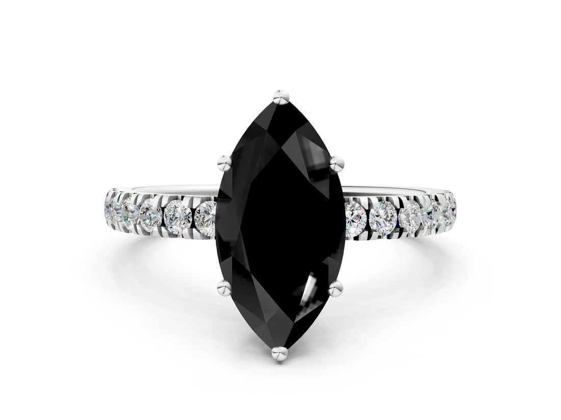 White gold Fancy Black Marquise Cut Diamond Pave Band Solitaire Ring with Round  and Prong Setting_72