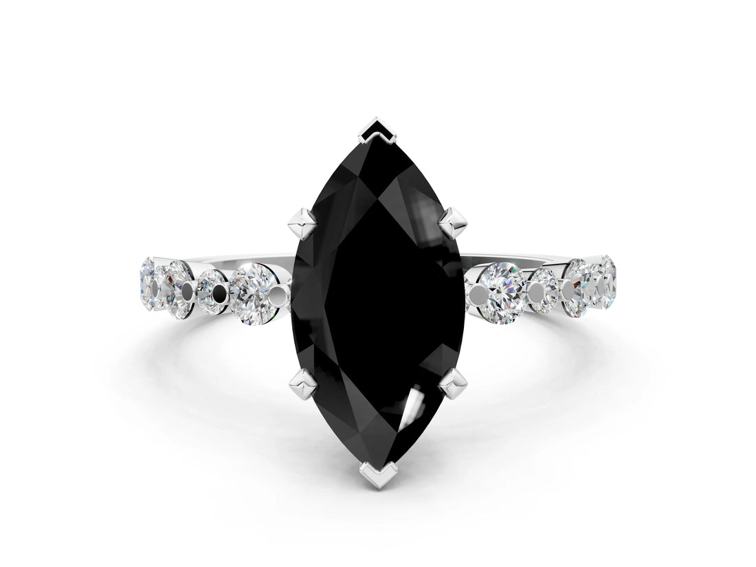 White gold Fancy Black Marquise Cut Diamond Prong Set Engagement Ring with Pave Band