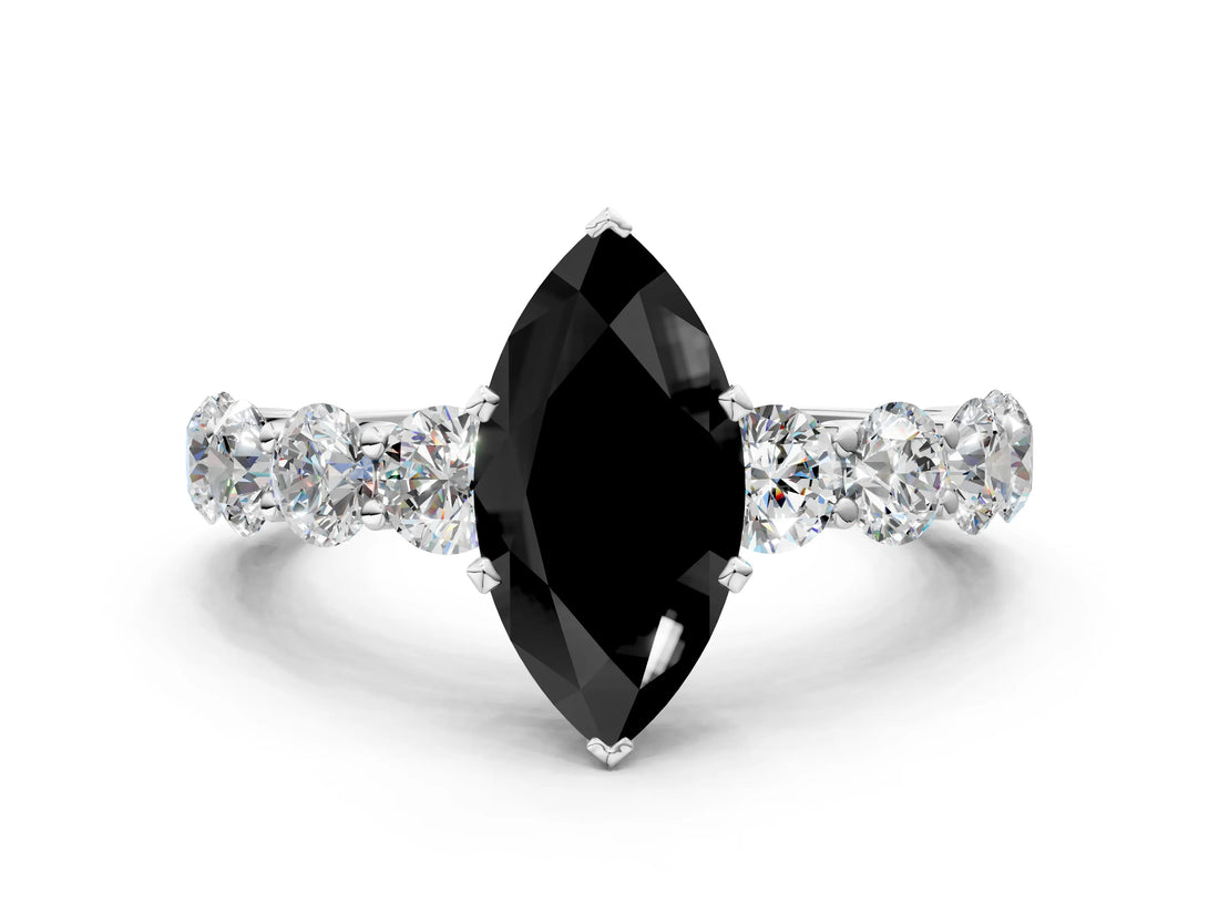 White gold Fancy Black Marquise Cut Diamond Prong Setting with Side Stones on a Pave Band