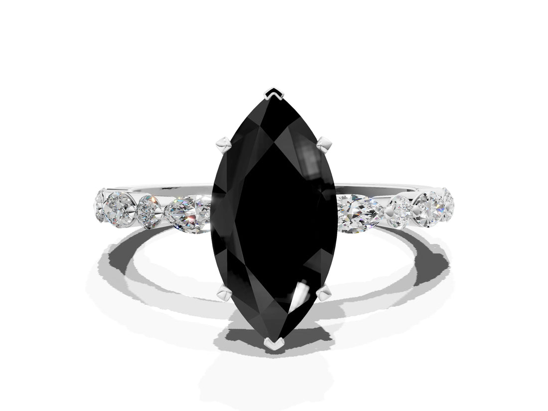 White gold Fancy Black Marquise Cut Diamond Ring with Marquise and Round  Side Stones and Four-Prong Setting_84