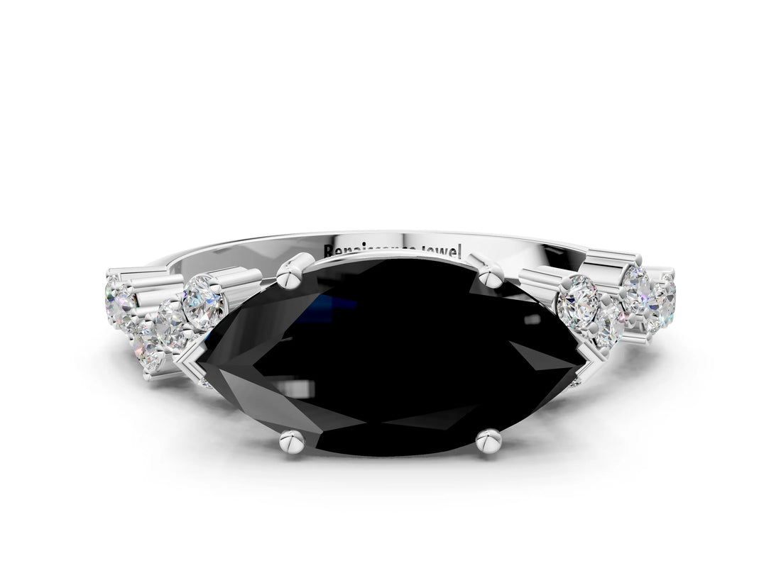 White gold Fancy Black Marquise Cut Diamond Scattered Round Accent Ring with Prong Setting_12