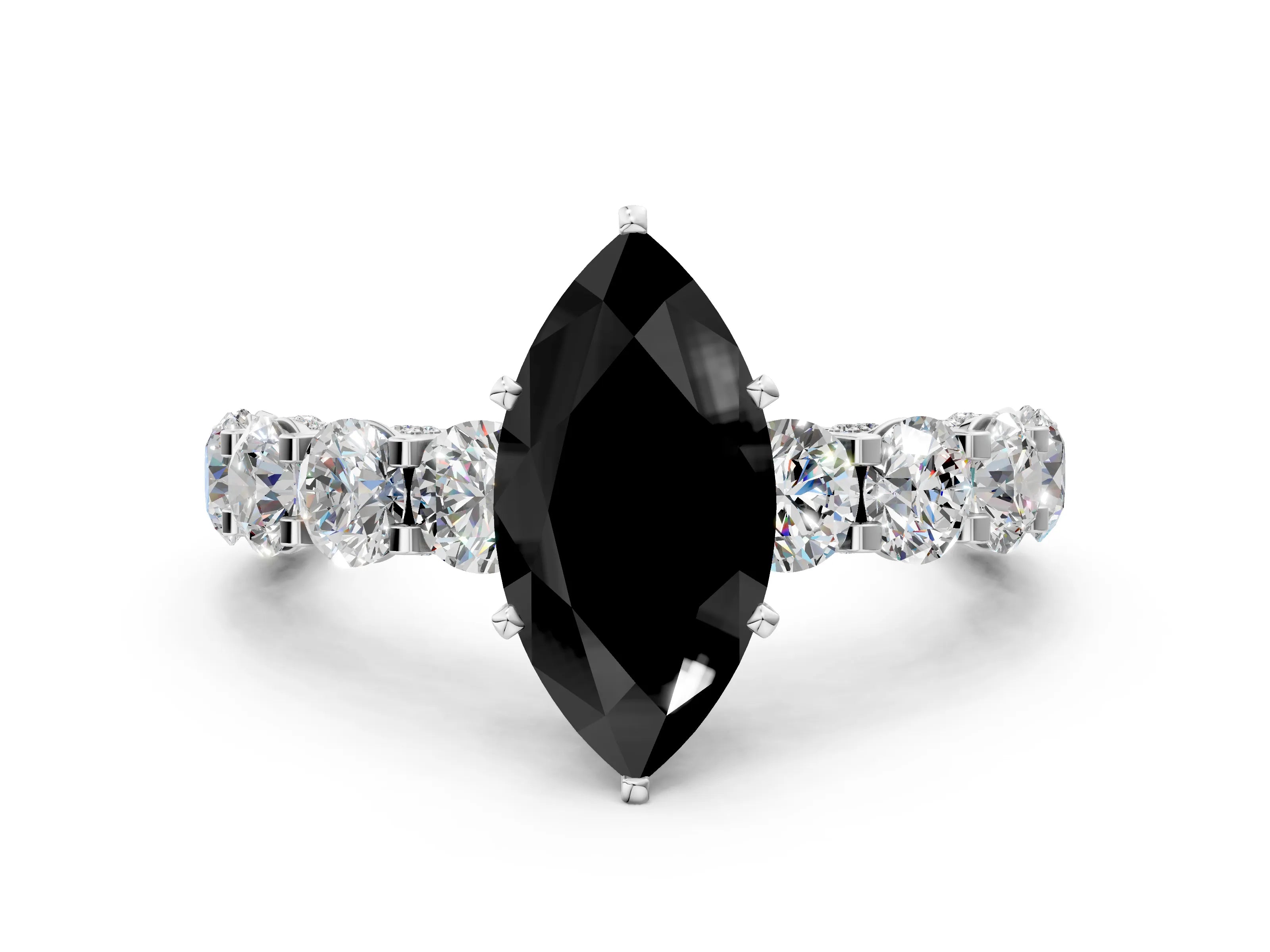 White gold Fancy Black Marquise Cut Diamond Side Stone Engagement Ring with Four-Prong Setting_24
