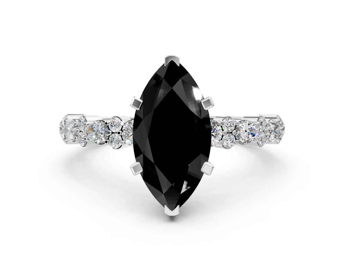 White gold Fancy Black Marquise Cut Diamond Side Stone Solitaire Ring with Round  and Four-Prong Setting_12