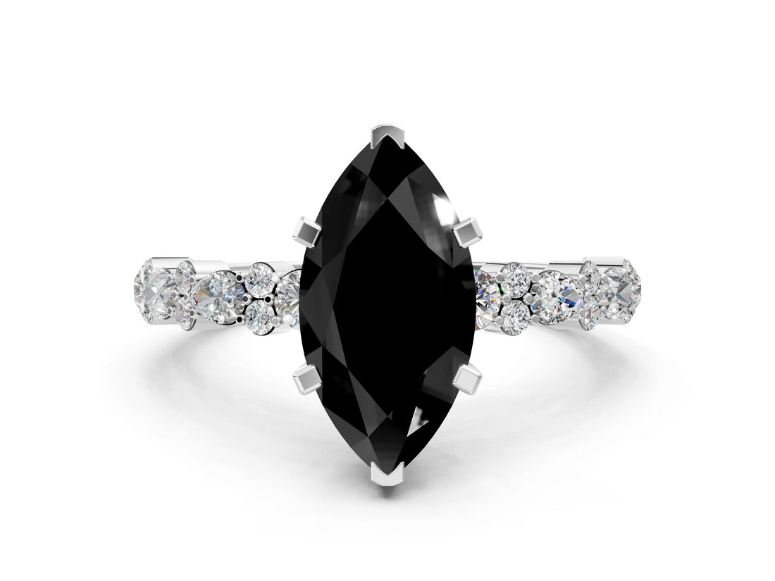 White gold Fancy Black Marquise Cut Diamond Side Stone Solitaire Ring with Round  and Four-Prong Setting_60
