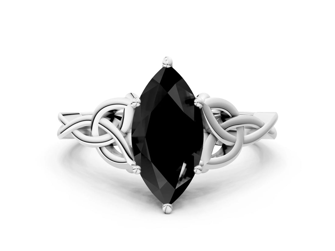 White gold Fancy Black Marquise Cut Diamond Solitaire Engagement Ring with Celtic Knot Band and Four-Prong Setting