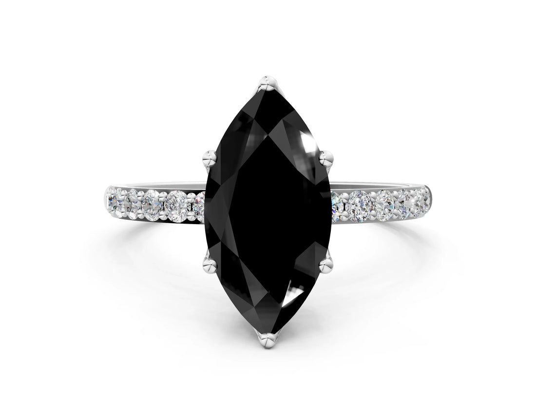 White gold Fancy Black Marquise Cut Diamond Solitaire Engagement Ring with Pavé Band and Prong Setting