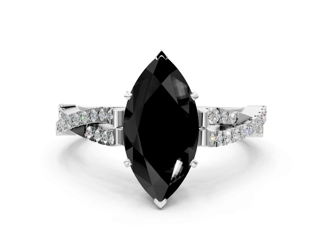 White gold Fancy Black Marquise Cut Diamond Solitaire Engagement Ring with Twisted Pavé Band and Four-Prong Setting_72