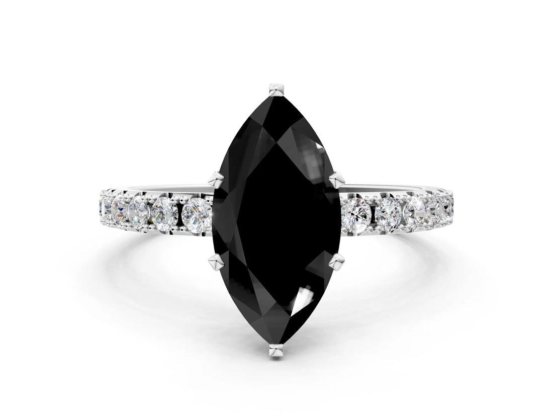 White gold Fancy Black Marquise Cut Diamond Solitaire Pavé Band with Four-Prong Setting