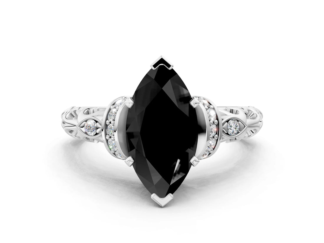 White gold Fancy Black Marquise Cut Diamond Solitaire Ring with Filigree Band and Four-Prong Setting_12