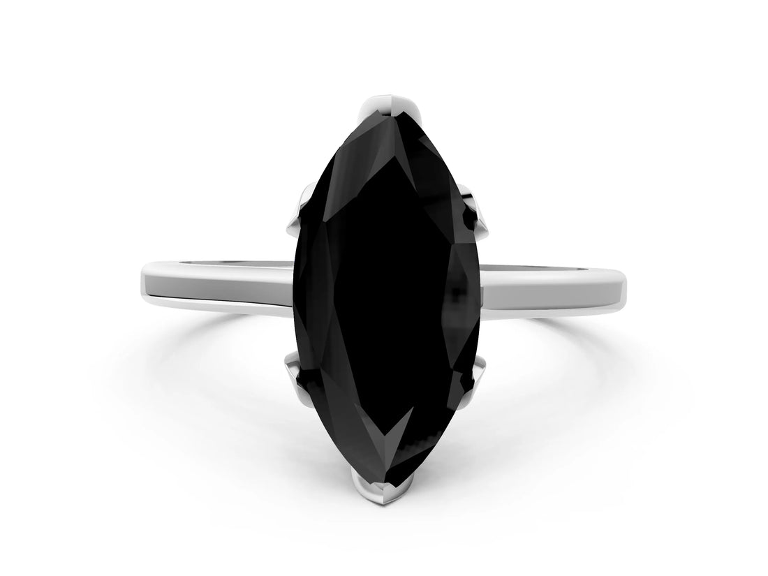 White gold Fancy Black Marquise Cut Diamond Solitaire Ring with Flower Prong Setting and Classic Band_24