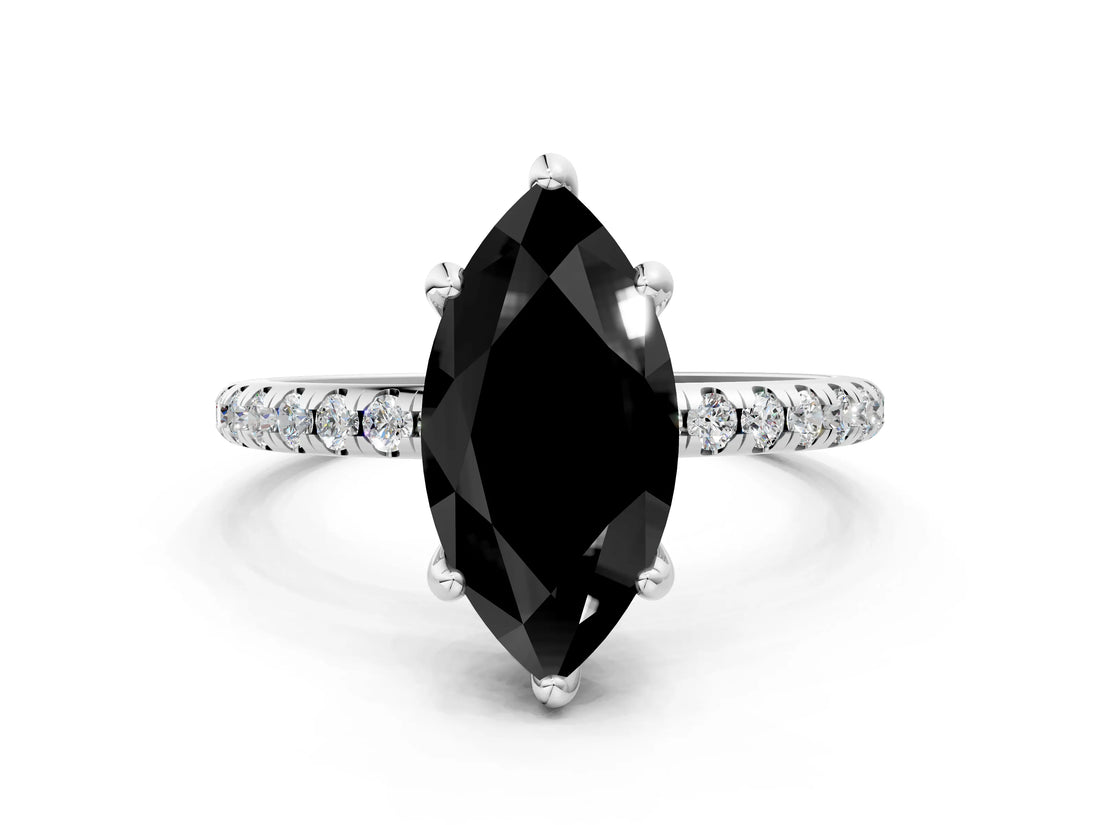 White gold Fancy Black Marquise Cut Diamond Solitaire Ring with Four-Prong Setting and Pavé Band_3