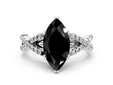 White gold Fancy Black Marquise Cut Diamond Solitaire Ring with Four-Prong Setting and Twisted Pavé Band