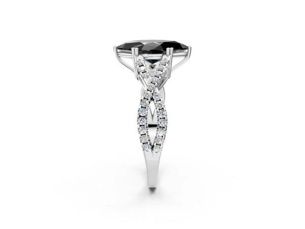 Silver  Diamond Solitaire Ring with Four-Prong Setting and Twisted Pavé Band