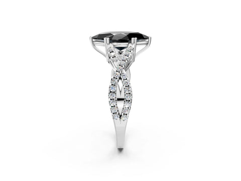 Silver  Diamond Solitaire Ring with Four-Prong Setting and Twisted Pavé Band