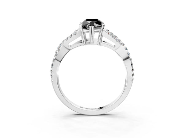 Silver  Diamond Solitaire Ring with Four-Prong Setting and Twisted Pavé Band
