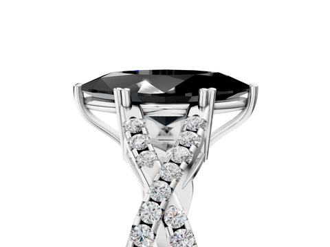Silver  Diamond Solitaire Ring with Four-Prong Setting and Twisted Pavé Band