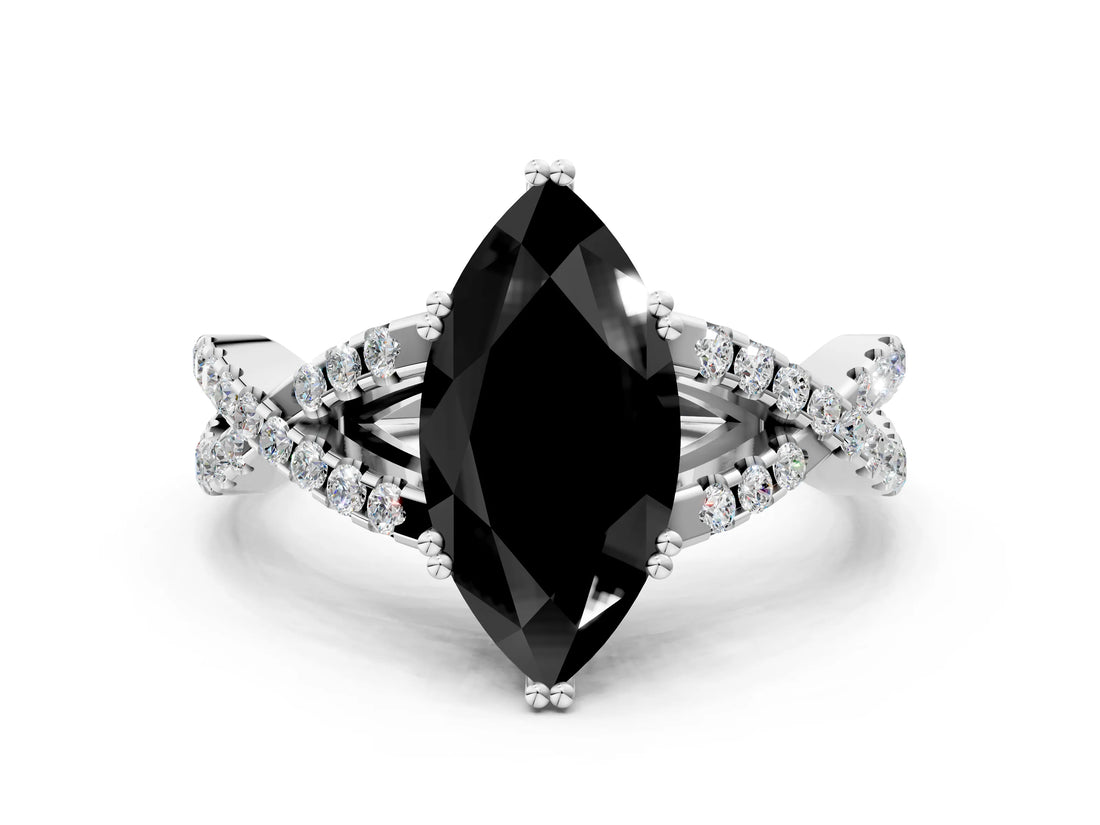 White gold Fancy Black Marquise Cut Diamond Solitaire Ring with Four-Prong Setting and Twisted Pavé Band