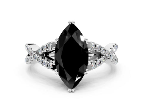 Silver  Diamond Solitaire Ring with Four-Prong Setting and Twisted Pavé Band
