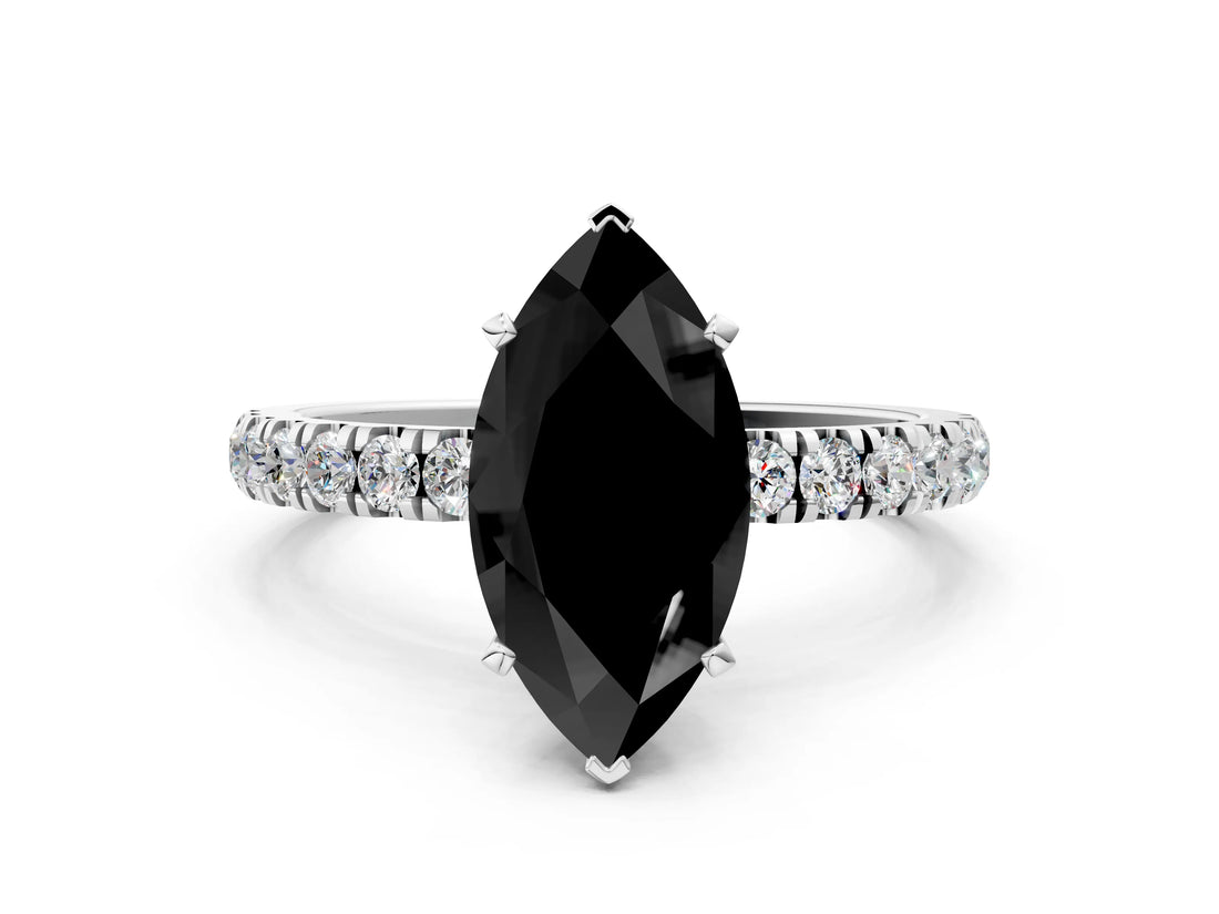 White gold Fancy Black Marquise Cut Diamond Solitaire Ring with Pavé Accents and Four-Prong Setting