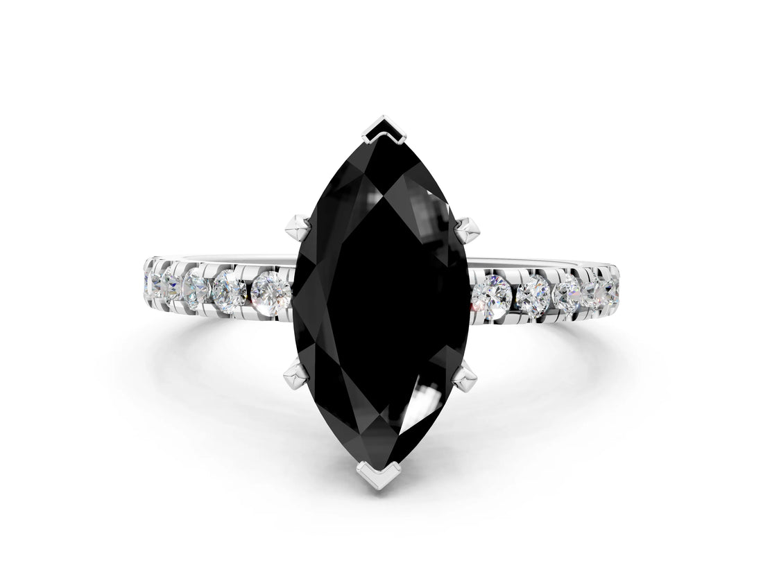 White gold Fancy Black Marquise Cut Diamond Solitaire Ring with Pavé Band and Four-Prong Setting_24