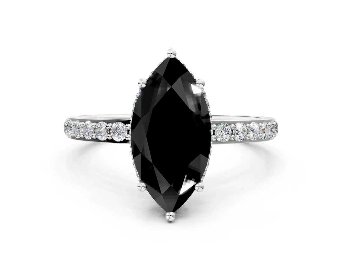 White gold Fancy Black Marquise Cut Diamond Solitaire Ring with Pavé Band and Hidden Halo_24