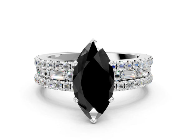 Platinum Marquise Pave and Baguette Engagement Ring Setting for Black Center