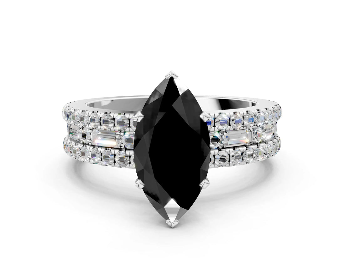 White gold Fancy Black Marquise Cut Diamond Solitaire Ring with Pavé and Channel Set Band