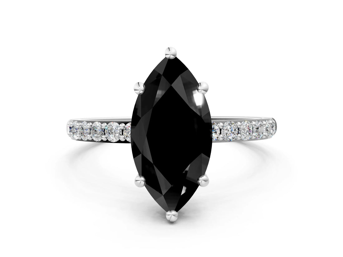White gold Fancy Black Marquise Cut Diamond Solitaire Ring with Pave Band and Four Prong Setting_24
