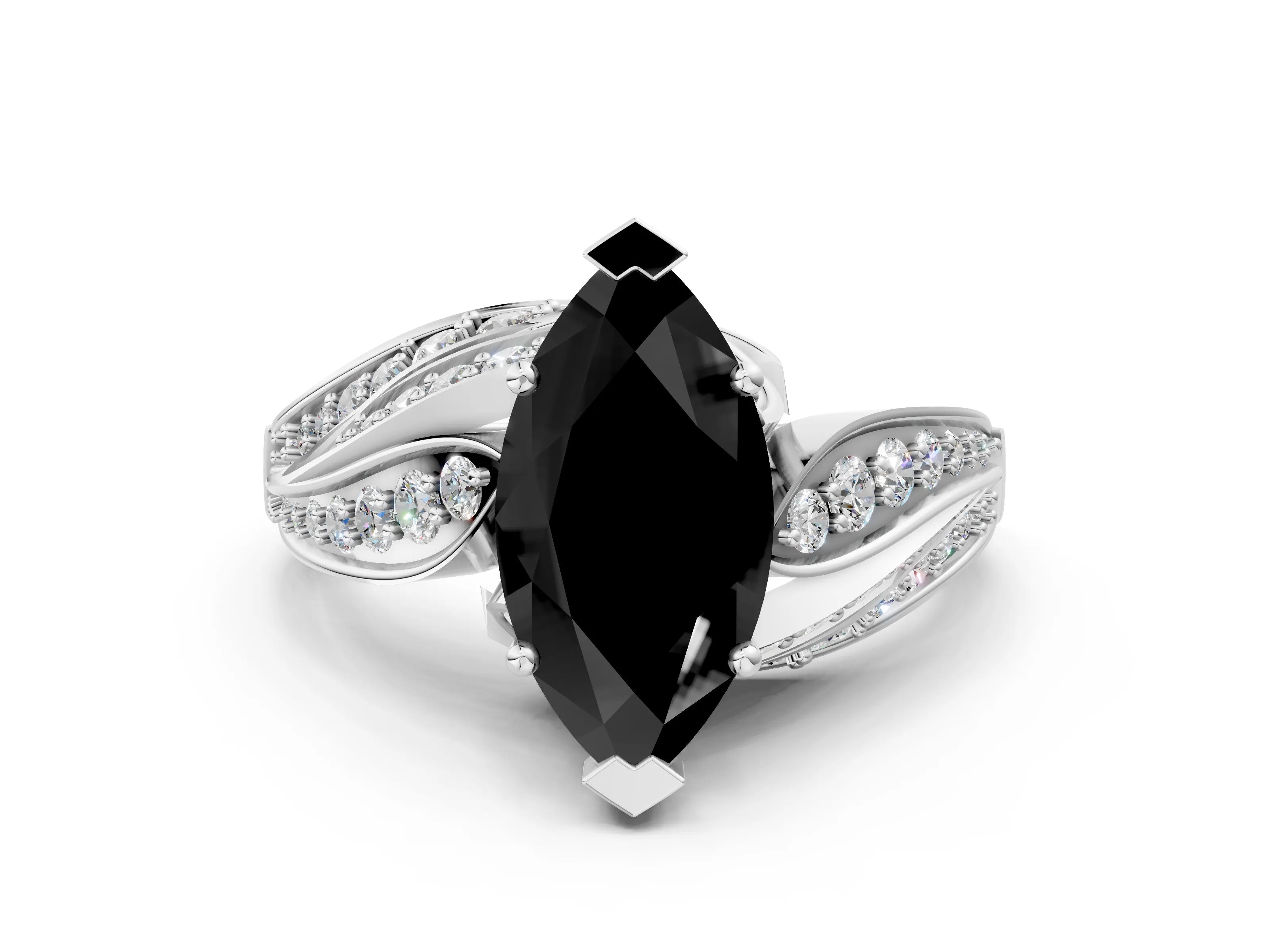 White gold Fancy Black Marquise Cut Diamond Solitaire Ring with Prong Setting and Twisted Pavé Band_12