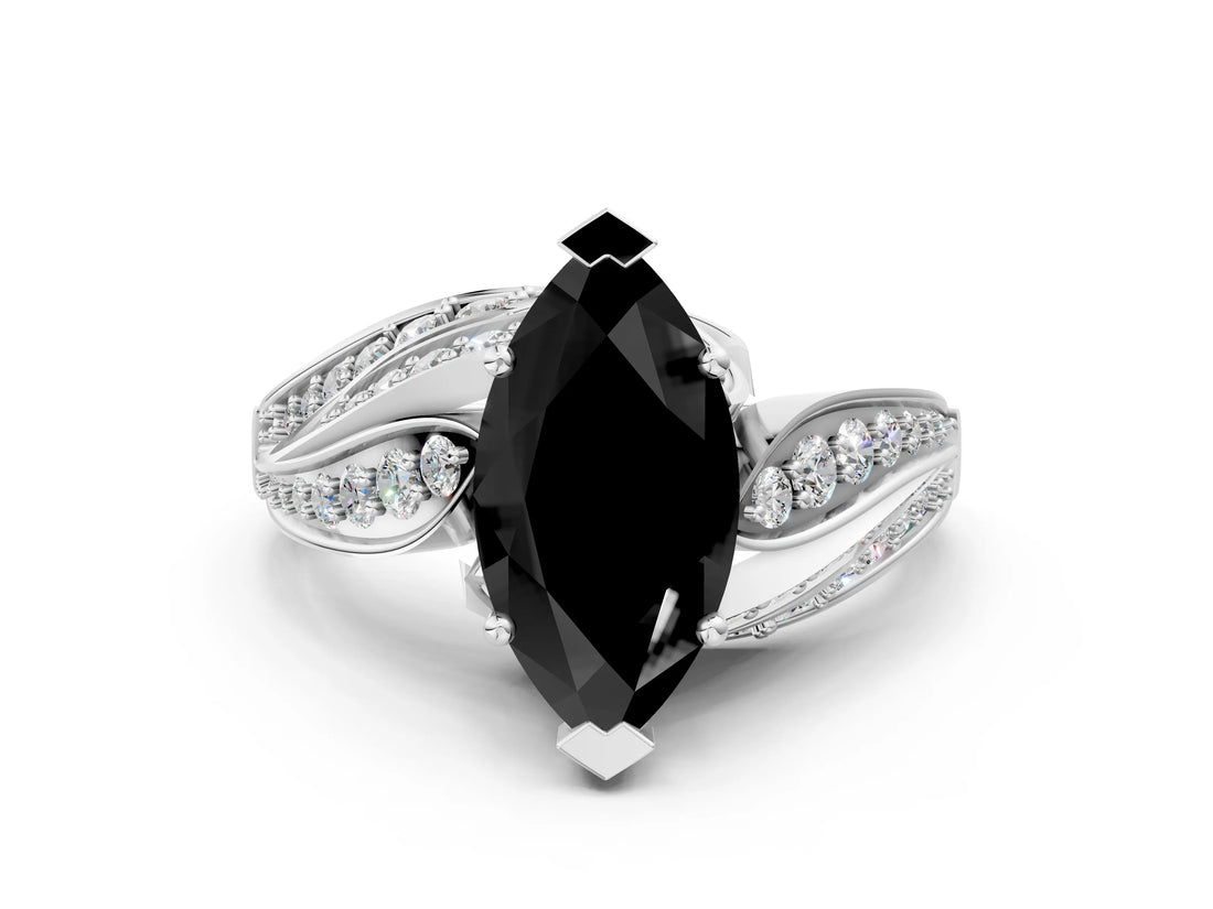 White gold Fancy Black Marquise Cut Diamond Solitaire Ring with Prong Setting and Twisted Pavé Band_12