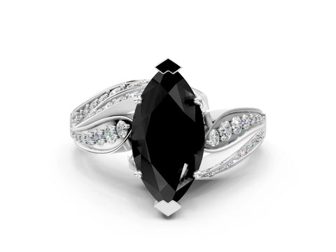 White gold Fancy Black Marquise Cut Diamond Solitaire Ring with Prong Setting and Twisted Pavé Band_12