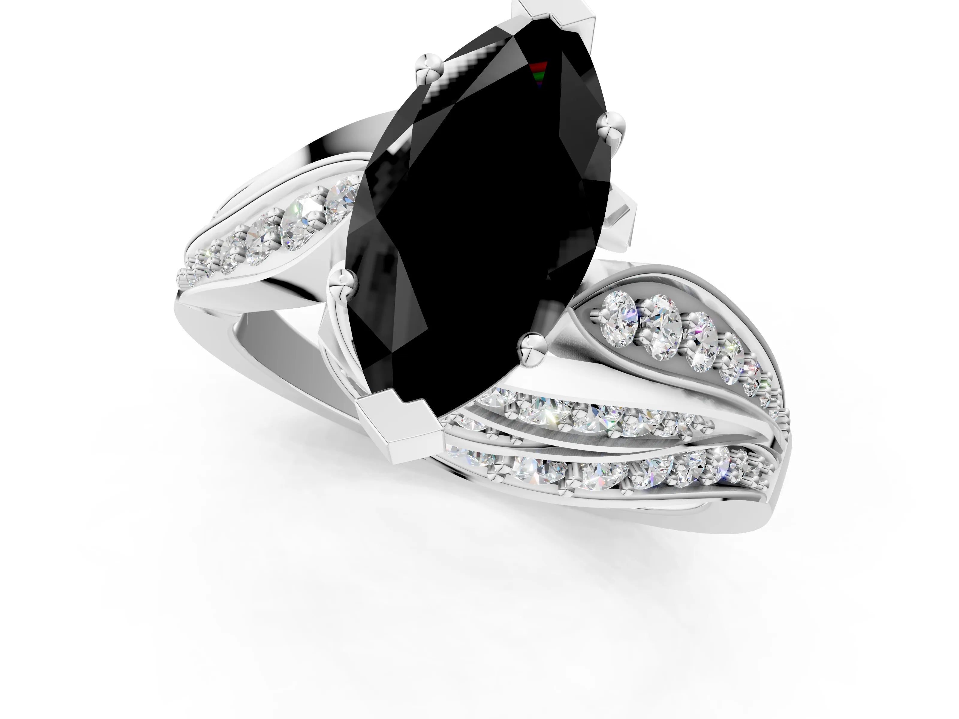 White gold Fancy Black Marquise Cut Diamond Solitaire Ring with Prong Setting and Twisted Pavé Band_13