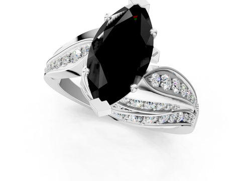 White gold Fancy Black Marquise Cut Diamond Solitaire Ring with Prong Setting and Twisted Pavé Band_13